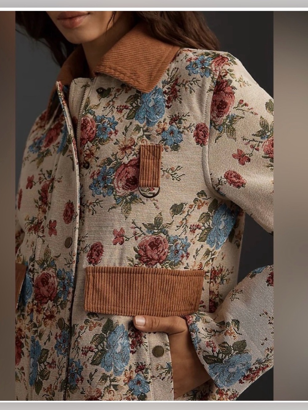 Avec Les Filles Beige Floral Utility Jacket with Rust Corduroy Trim S - Picture 3 of 11